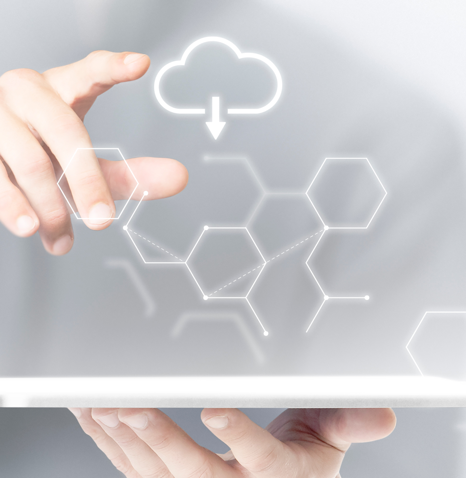 Hands interacting with a digital interface showing a cloud download icon and glowing hexagonal data structures0