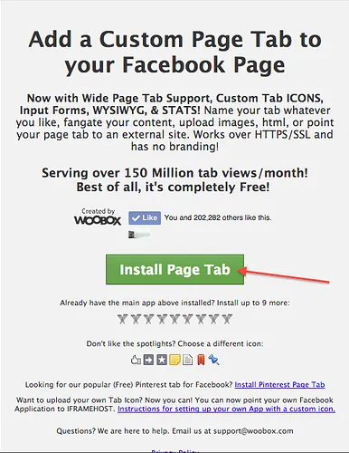 Facebook account and 'Wooboox Custom Tab connect 